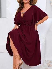 EMERY ROSE Plus Size Women's Spring/Summer Chain Link Patchwork Ruffle Twist Waist Textured Elegant V-Neck A-Line Midi Dress - Burgundy - View 5
