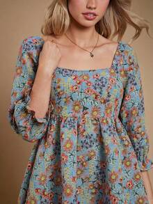 WESTFADE 花卉提花方领褶皱露背短泡泡袖迷你连衣裙，休闲可爱波西米亚风，适合秋季、冬季、乡村音乐会、西部风格场合，女士服装 - 淺藍色 - 查看 4
