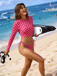 Swim SPRTY 2pcs Women's Plaid Print Long Sleeve Vest Suit, Beach Vacation Outfit, Spring/Summer Long Sleeve Bathing Suit Long Sleeve Bikini Set Long Sleeve Checkered Bikini Checkered Bikini Checkered Bathing Suit Modest 2 Piece Swimsuit - Pink - View 3