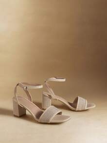 Rosivie Women's Casual Comfortable Chunky Mid-Heel Square Toe Sandals, Woven Fabric & PU Leather Dual-Tone Strap Design, Suitable For Daily Wear, Parties, Boho, Western, Music Festivals Valentine's Day - Beige - View 2