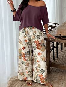 Weeklong 随机印花休闲度假风大码上衣和裤子两件套 - 彩色 - 查看 4