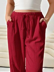 SHEIN EZwear 女士加大码宽松红色梭织裤 - 紅色 - 查看 5