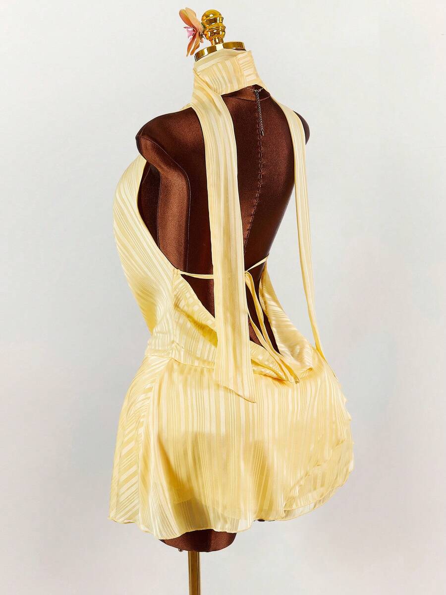 Amplova Vestido con cuello drapeado exagerado, lazo de cinta y drapeado fruncido - amarillo ganso - Ver 1