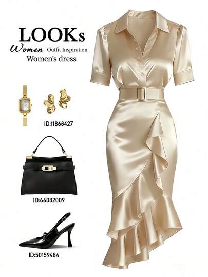 Franclia PETITE-D2026 Spring/Summer New Satin High-Quality Elegant Floral Lace Design Apricot Dress, Comfortable & Skin-Friendly Fabric With Drape, Collared Shirt Button, Short Puff Sleeves, Waist Belt, Versatile For Commute, Evening Party, Double Ruffle Hem, Slimming Silhouette