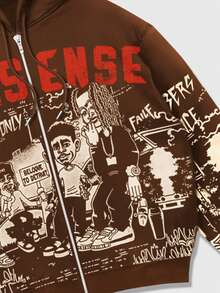 ROMWE MEN Street Life Áo hoodie nam in hình hoạt hình phong cách thường ngày - Cà phê nâu - Xem 5