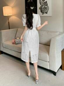 DAZY High-End Embroidered Lace Midi Dress, Women's Round Neck Split Hem French Elegant Party Gown - White - View 2