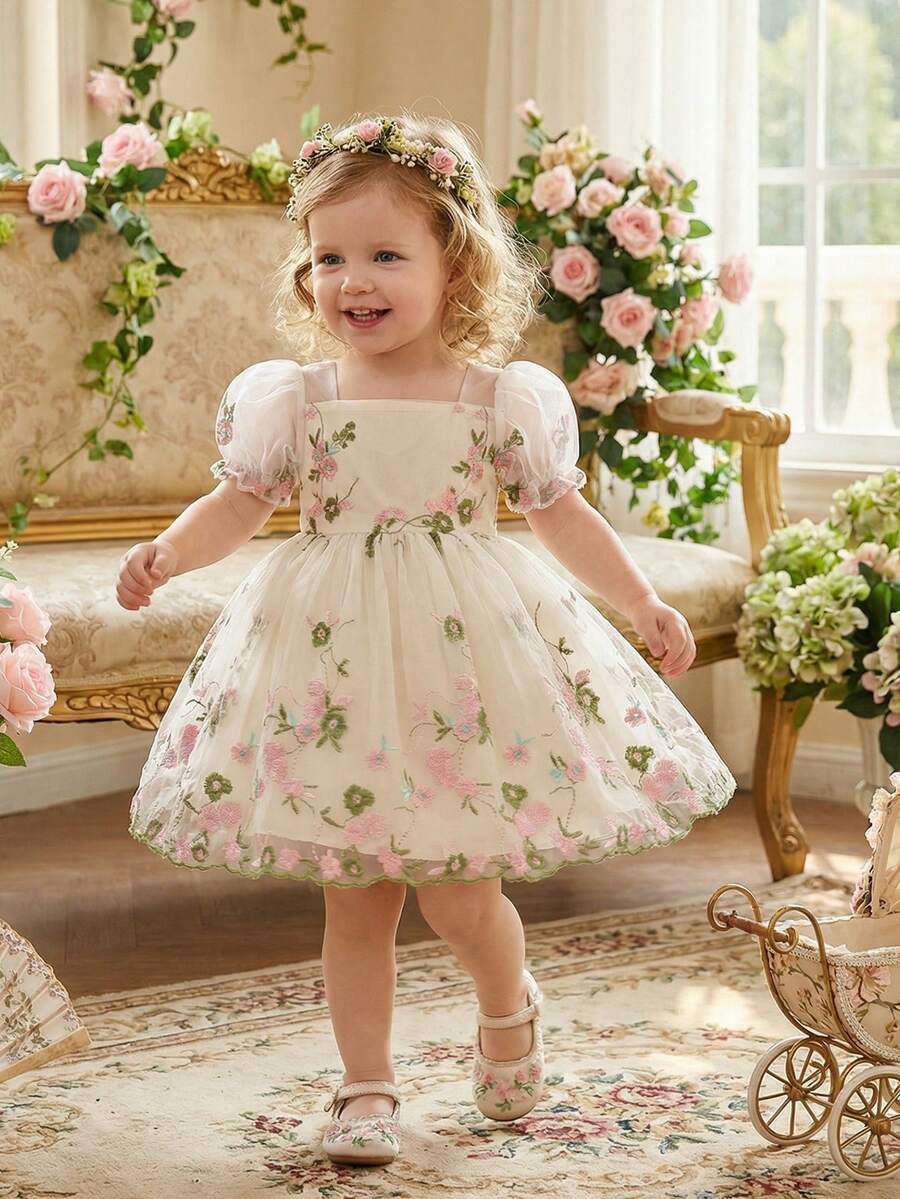Souflis Souflis 女婴幼儿0-3岁春夏优雅公主风碎花网纱泡泡袖粉色连衣裙 - 杏色 - 查看 1