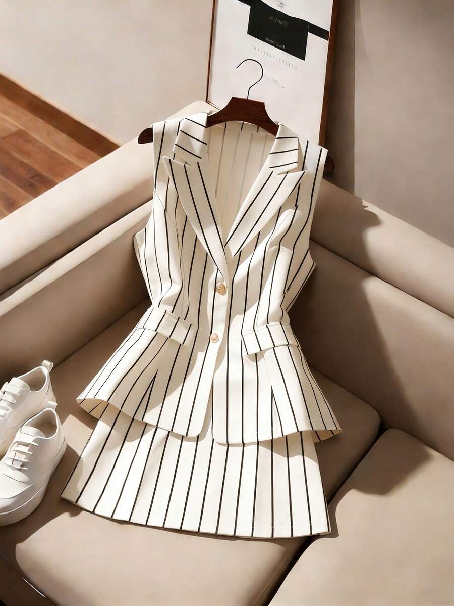 GlowEve 2pcs Women's Striped Sleeveless Top And Skirt Suit, Elegant Casual Commuter Outfit For Spring And Summer - Black and White - View 1