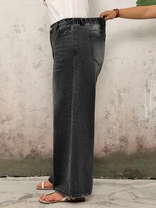 SHEIN Tall CURVE 高个子加大码春夏度假女式宽松口袋阔腿休闲舒适黑色直筒牛仔裤 - 黑色 - 查看 3