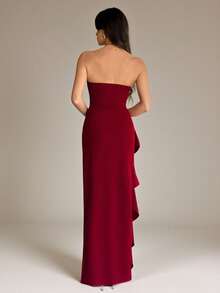 SHEIN Tall 无袖无肩带性感褶皱高开衩荷叶边裹身长裙，伴娘礼服，适合婚礼、情人节、宴会、约会等场合，酒红色 - 酒紅色 - 查看 2