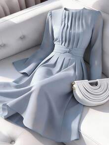 Heiryn 女士纯色圆领褶裥设计优雅中长连衣裙 - 藍色 - 查看 8