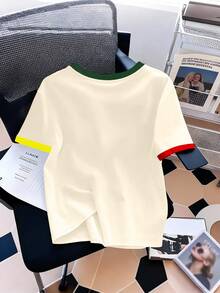 Resyla 女士撞色图案T恤，红色、黄色，夏季新品，杏色、绿色，三叶草刺绣，户外休闲，返校季，女士夏季短袖T恤 - 彩色 - 查看 2