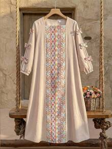 SHEIN 少女纯色拼接条纹方领蝴蝶结装饰长袖宽松A字连衣裙，适合旅行、度假、乡村风、休闲度假、波西米亚风等场合。 - 米色 - 查看 4