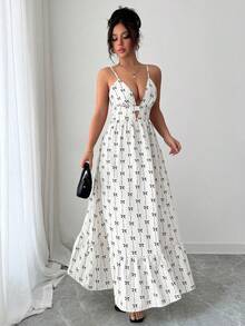 Rafferiza Women's Butterfly & Ditsy Floral V-Neck Backless Sleeveless Maxi Dress, Sexy & Vacation Style, Spring/Summer - White - View 3