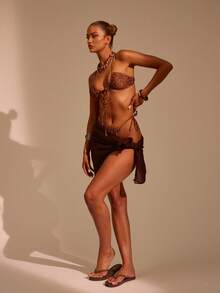 Musera Resort Leopard Print Tie Front Bikini Top Only Summer Beach Vacation Sexy Swim Cute Festival Graphic Spring - Multicolor - View 4