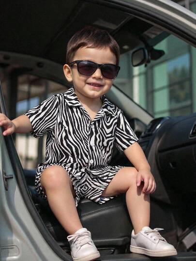 TaviRue Baby Boy/Girl Zebra & Leopard Print Lapel Short Sleeve Cardigan And Elastic Waist Shorts 2-Piece Set Easter Gift For Baby