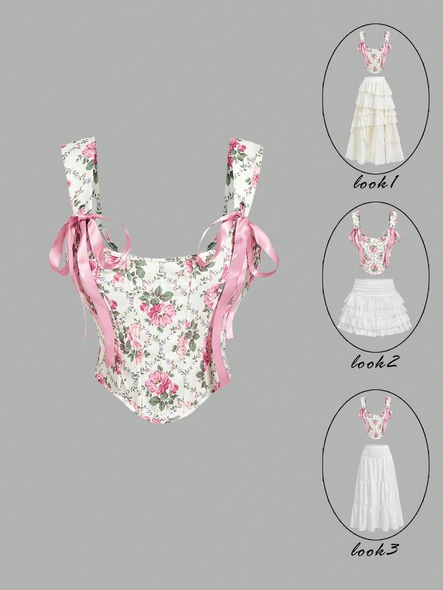 SHEIN MOD Vintage Floral Plaid Print Cross Tie Corset-Style Tank Top – Perfect For Vacation, Date, Picnic, Party, Prom, Festival, And Birthday; Romantic Vintage Court Style Flower Print Floral Bustier Top Floral Top Pink Ribbon Top, Valentine's Day, Carnival Costume - Multicolor - View 1