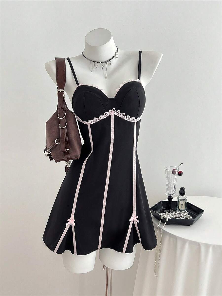 Elamini Đầm slip ren phối nơ gợi cảm thời trang nữ - màu đen - Xem 1