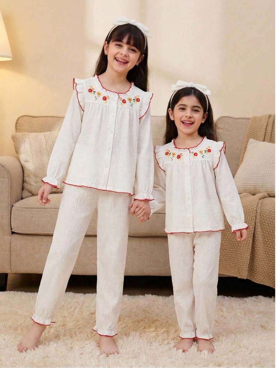 2件套女童休闲碎花纽扣前襟弹力袖口舒适褶皱面料家居服套装 - 杏色 - 查看 1
