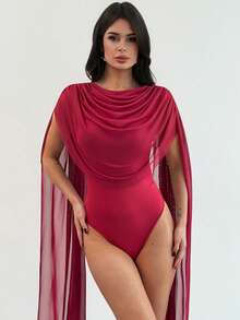 Firerie Women's Elegant Casual Minimalist Vacation Fashion Versatile Red Knit Patchwork Mesh Flowy Tie Sleeve Sleeveless Fitted Bodysuit, Spring/Summer New Ladies Bodysuit Top, Valentine's Day Date, Teacher Outfit - Red - View 8