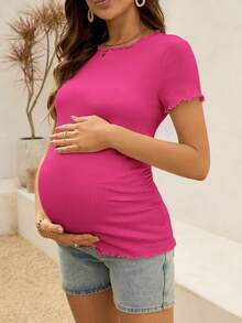 SHEIN Top de manga corta ajustado con borde de lechuga acanalado para maternidad - Rosa Fucsia - Ver 4