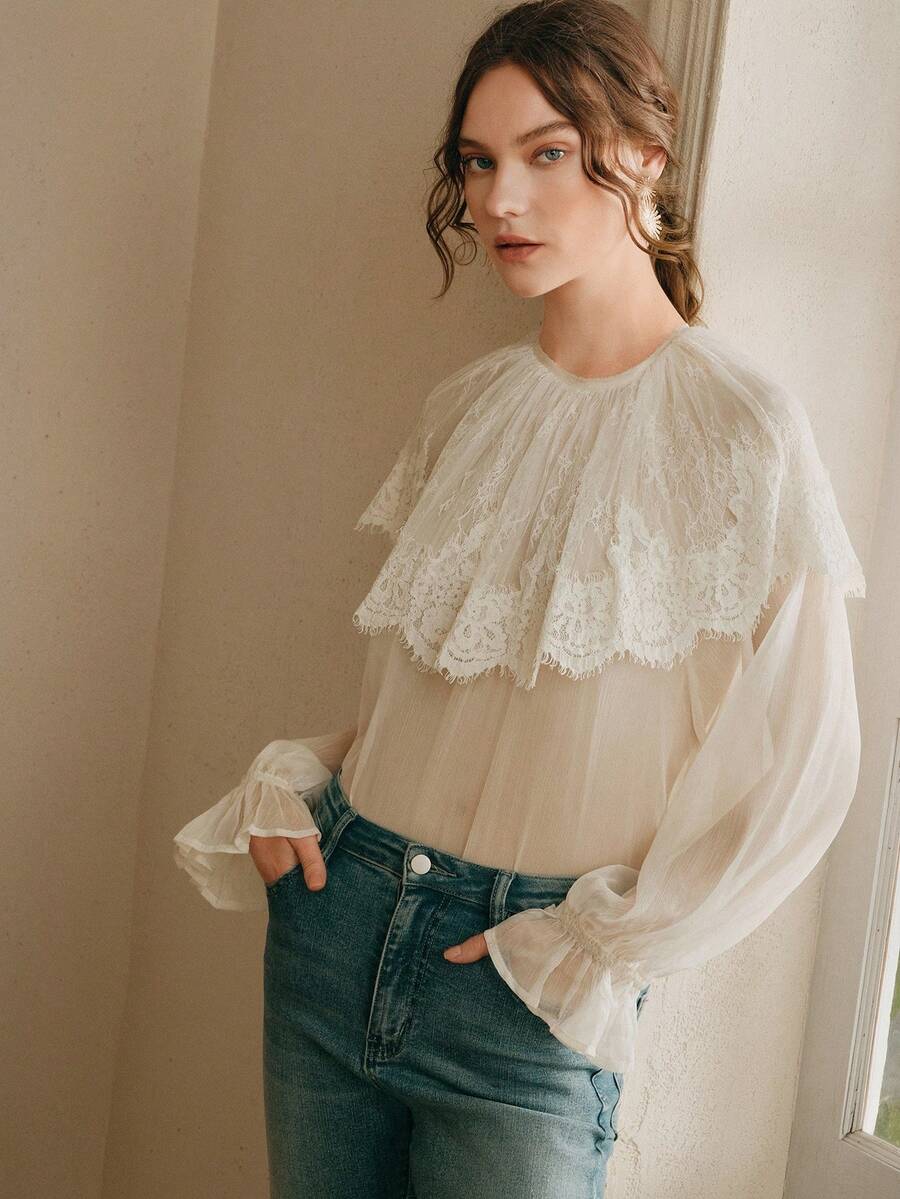 Anewsta Women's Lace Collar Sheer Mesh Flare Sleeve Long Sleeve Blouse - Apricot - View 1