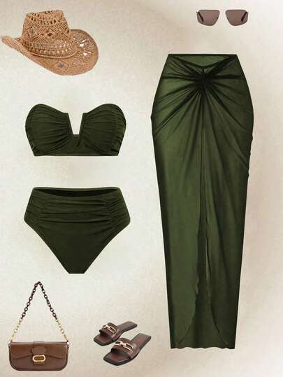 Swim Oasis 2026 New Spring/Summer Women Solid Color Bandeau Swimsuit, Swim Shorts, Mesh Maxi Dress Beach Resort Casual Swimwear Set