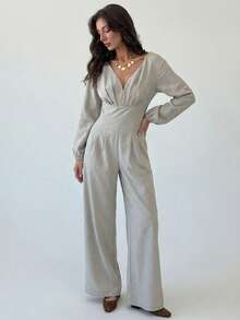 Aloruh Bộ đồ công sở tối giản màu mơ thanh lịch cổ chữ V sâu xếp nếp cho nữ - Màu be - Xem 11