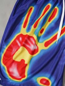 ROMWE MEN Men's Casual Fashionable Street Mesh Hand Heat Map Print Drawstring Waist Breathable Shorts, Spring/Summer - Blue - View 4