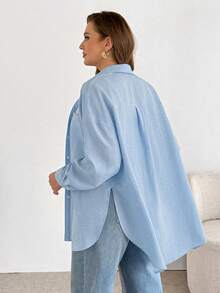 Shapeblank Plus-Size Women's Spring/Summer Fashion Casual Loose Comfortable Everyday Basic Versatile Light Blue Button Long-Sleeved Shirt,Spring Clothes,Oversize Tops,Women Blouse,Simple Style Baby Blue Shirt Light Blue Shirt Oversized Shirt - Blue - View 2