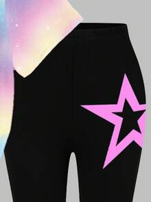 两件套少女休闲时尚创意个性清新可爱简约虚拟女团Q版角色发髻女孩彩色五角星渐变印花短T恤和喇叭裤套装，舒适日常穿着，适合春、夏、秋季。 - 彩色 - 查看 5