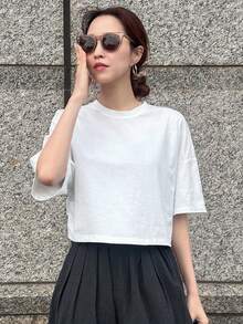 FRIFUL Áo thun nữ tay ngắn cổ tròn dáng rộng, thiết kế nơ buộc sau lưng, thích hợp cho mùa hè. - trắng - Xem 6