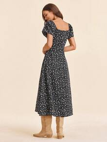 Coeurva 女士休闲浪漫优雅度假及日常穿着泡泡袖印花连衣裙，黑色连衣裙 - 黑與白 - 查看 4