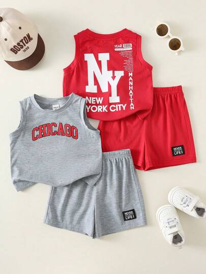 SHEIN 4pcs/Set Newborn Unisex Baby Boy/Girl Summer Casual Knit Letter Graphic Tank Top And Shorts Sports Outfit Set Toddler Sets Boy Boy Tank Top And Shorts Set Baby Boy Tank Set Boy Summer Sets