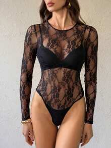 SHEIN Tall 薄纱蕾丝连体衣，不含胸罩。 - 黑色 - 查看 3