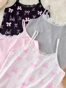 4pcs Girls Minimalist Multi-Color Bow Print Lace Front Soft & Comfortable Everyday Basic Camisole Undershirt Set - Multicolor - View 4