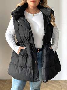 SHEIN CURVE+ Curve Plus Zip Up Hooded Vest Coat, For Winter - Black - View 7