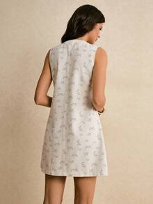 Poéselle Women's Ditsy Floral Single-Breasted Round Neck Sleeveless Fashionable Denim Dress - White - View 2