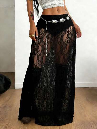 Coolane Falda midi transparente de encaje floral de moda para mujer de talla grande, nueva llegada de primavera/verano