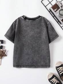 SHEIN 男童休闲水洗字母印花T恤，夏季 - 黑色 - 查看 2