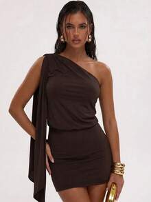 SHEIN BAE فستان كاجوال بدون أكمام أحادي اللون بتصميم بسيط للنساء - بني - مشاهدة 4