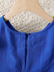 SHEIN Teen Girl Casual Vacation Solid Blue Woven Textured Flutter Sleeve Asymmetrical Ruffle Hem A-Line Dress, Spring/Summer - Blue - View 6