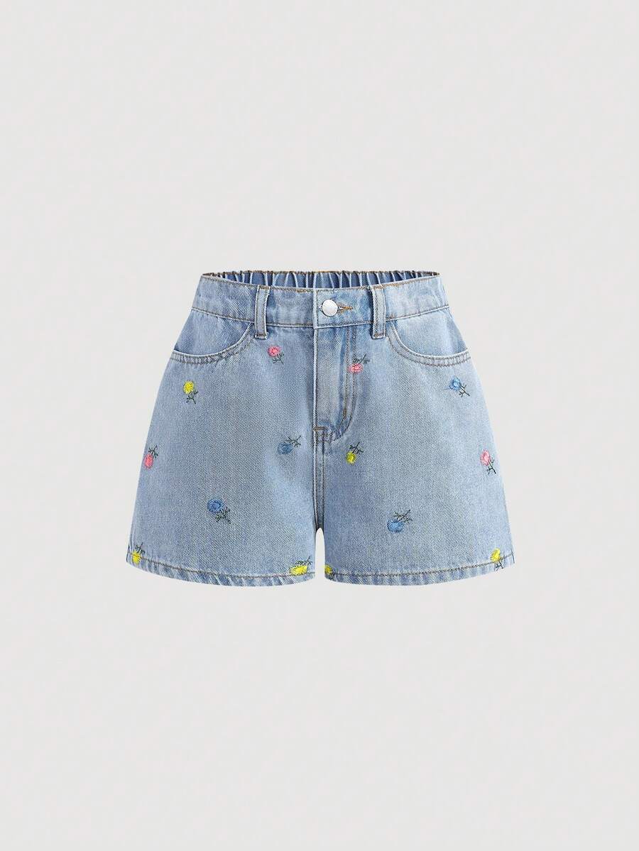 SHEIN Girlism Quần short denim dáng suông thanh lịch dành cho bé gái tuổi teen, màu sáng, họa tiết hoa thêu tinh tế, có túi, đính ngọc trai giả và gấu quần tua rua, thích hợp mặc hàng ngày, dự lễ hội mùa xuân hè và phong cách đường phố. - Màu xanh lam - Xem 1