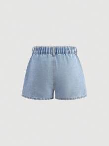 SHEIN Girlism Quần short denim dáng suông thanh lịch dành cho bé gái tuổi teen, màu sáng, họa tiết hoa thêu tinh tế, có túi, đính ngọc trai giả và gấu quần tua rua, thích hợp mặc hàng ngày, dự lễ hội mùa xuân hè và phong cách đường phố. - Màu xanh lam - Xem 2