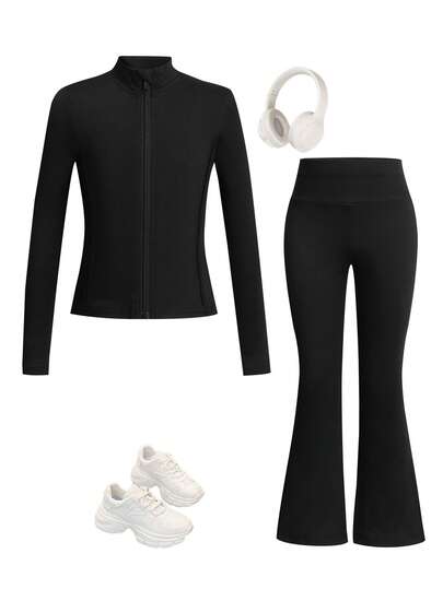 Young Girls' Fitted Black Sports Set, Suitable For Running, Fitness, Basketball, Badminton, Tennis, Fashionable & Comfortable Stretchy Top Fall Winter