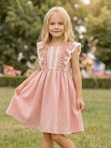 Elladie kids 1 pieza Vestido casual de princesa para niñas preadolescentes con mangas de encaje, hombros descubiertos, cintura elástica, tela ligera y decoración floral elegante para el verano - Rosa - Ver 9