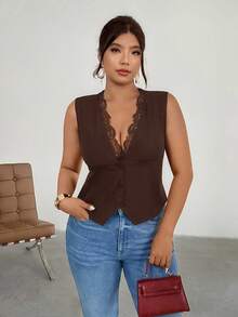 Firerie Plus Size Women Summer Solid Color Lace Splicing Deep V-Neck Fitted Vest Jacket In Fall/Winter - Coffee Brown - View 4
