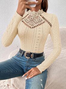 SHEIN Frenchy Áo liền thân cổ cao, ren thêu họa tiết lỗ khuy, dành cho người lớn, chất liệu guipure. - Màu be - Xem 4