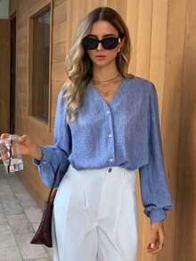 Elyressa Áo sơ mi nữ dài tay cổ chữ V màu xám xanh dệt kim kiểu dáng thường ngày - Màu xanh bụi bặm - Xem 4