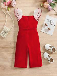 SHEIN Cute Red Patchwork Organza Ruffle Trim Jumpsuit For Baby Girl, Summer Baby Girl Clothes Red Outfit Overall Baby Girl Jumpsuit - Multicolor - View 5
